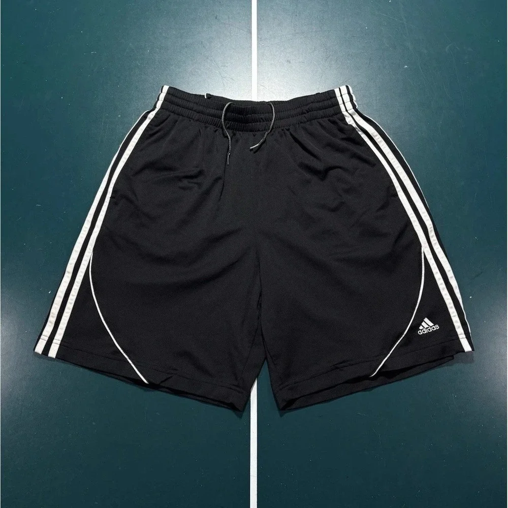 Vintage Adidas Shorts Black Soccer Running Men's Medium White Striped Y2K